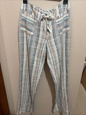 Sundance Textured Striped Drawstring Cotton Pants - Blue & Peach Stripes